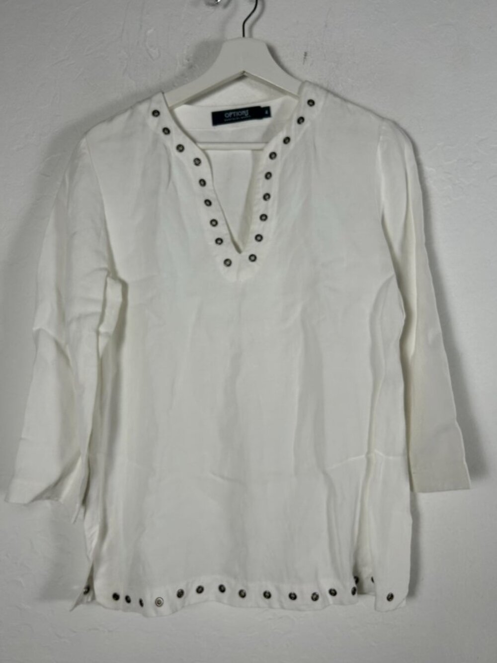 Garfield & Marks Options Womens White V-Neck Tunic Top W/ Grommet Size 4 Casual